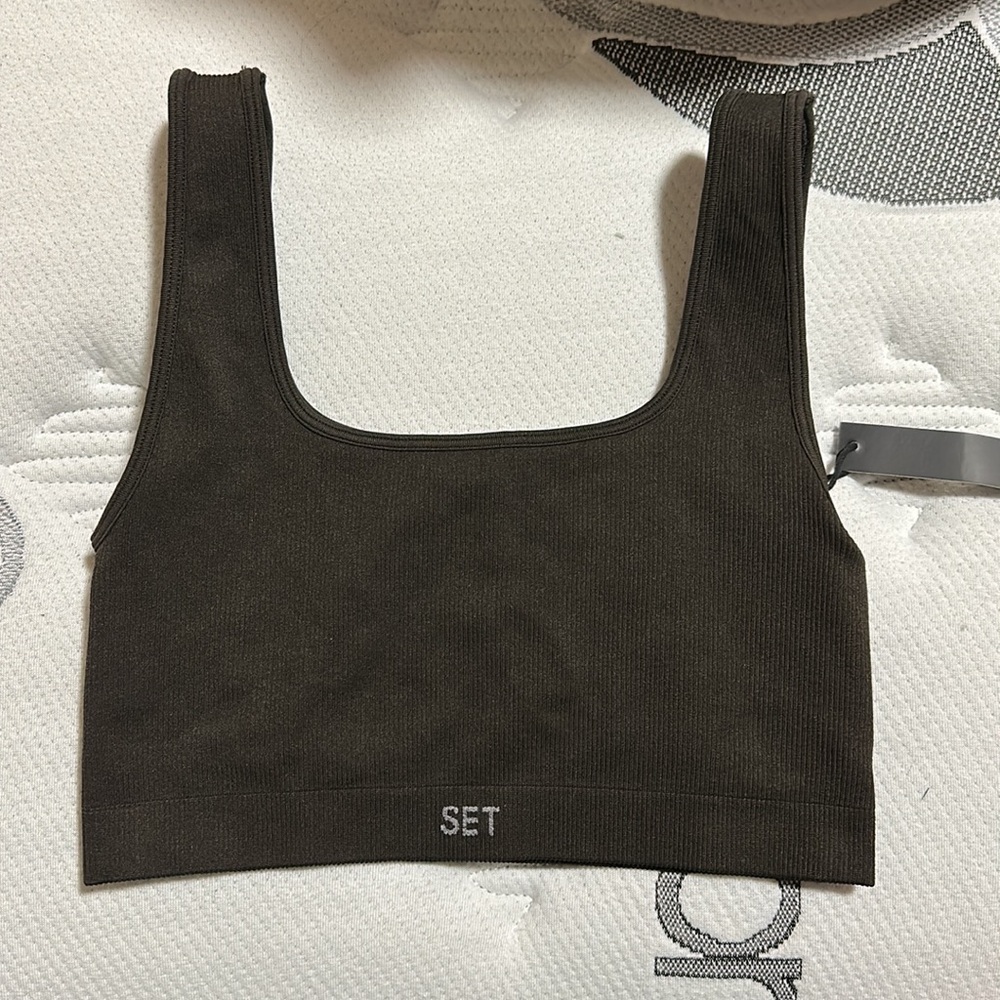 NWT SET ACTIVE Women's espresso brown Ribbed Sports Bra size medium
